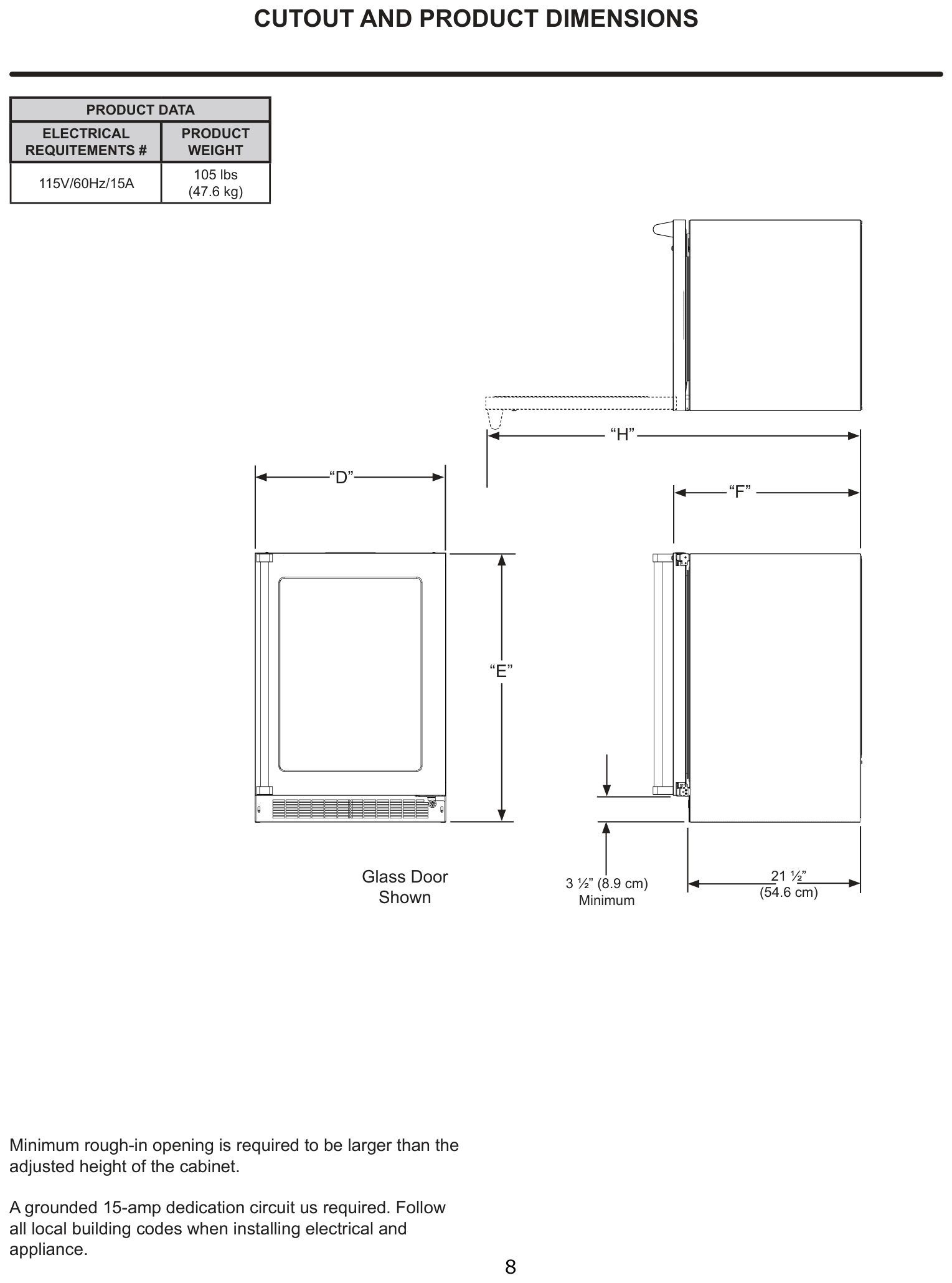 Dimension drawing for the Marvel Refrigeration MPCP415IS01A, from the owner's manual