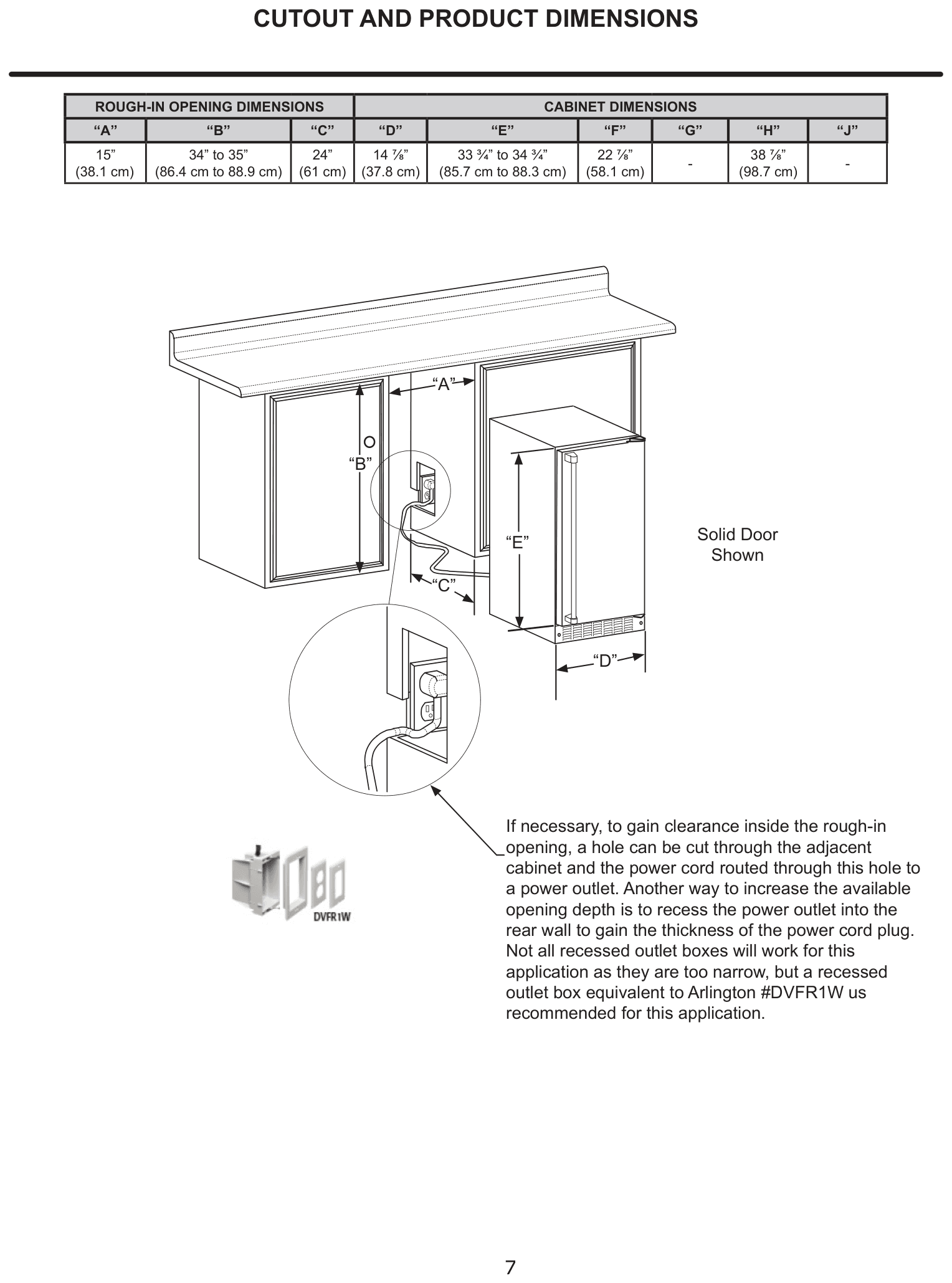 Installation diagram for the Marvel Refrigeration MPCP415IS01A, from the owner's manual