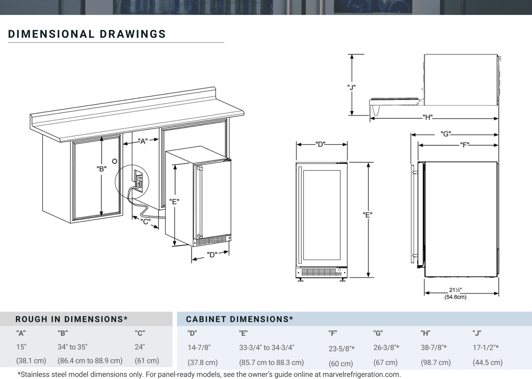Dimension drawing for the Marvel Refrigeration MPCP415IS81A, from the installation instructions