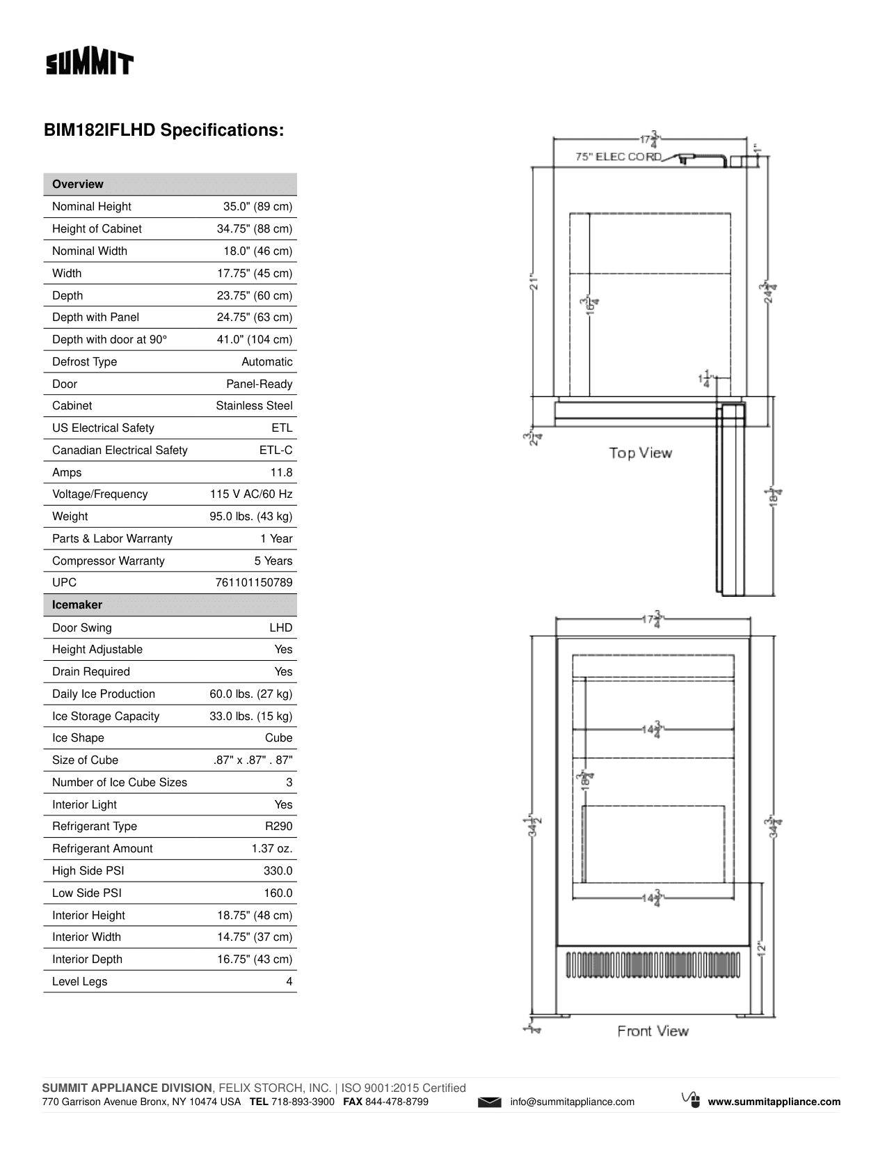 Dimension drawing for the Summit Appliance BIM182IFLHD, from the spec sheet
