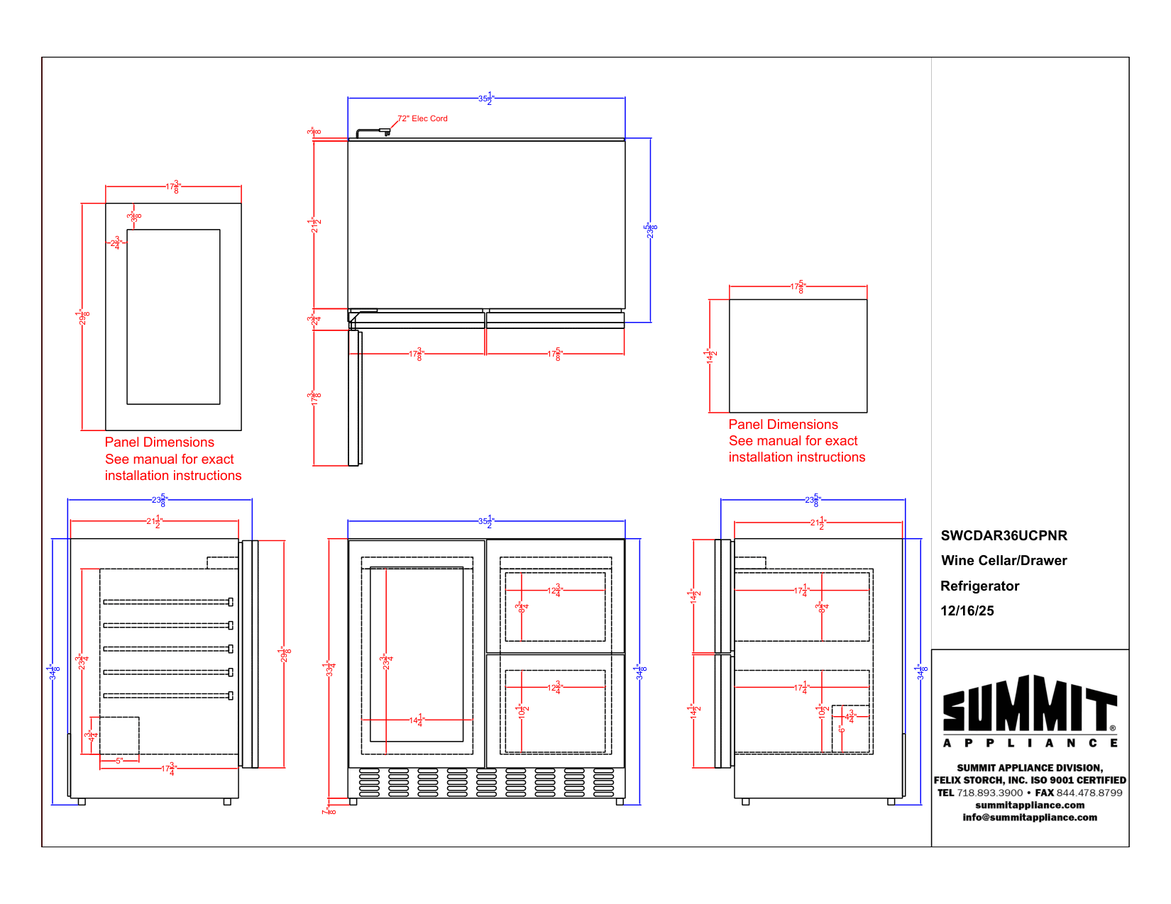 Dimension drawing for the Summit Appliance SWCDAR36UCPNR, from the manufacturer document