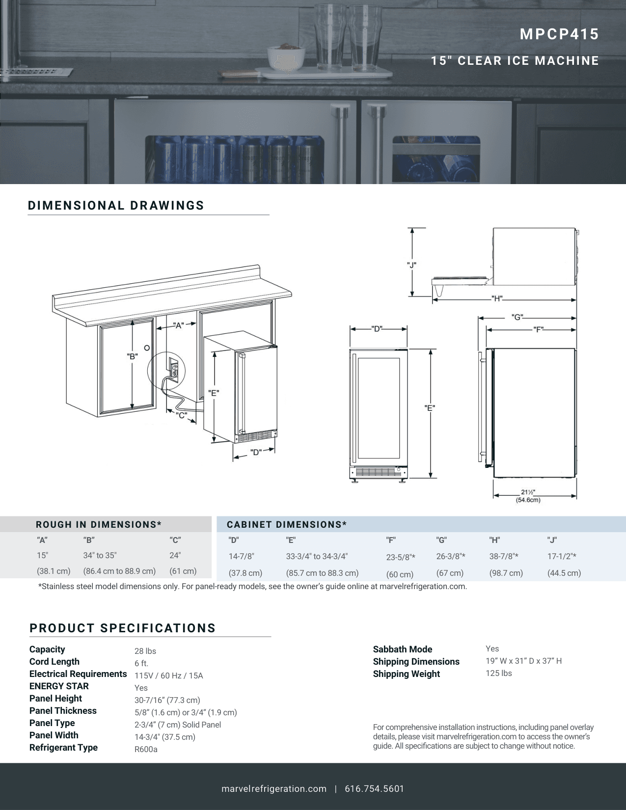 Dimension drawing for the Marvel Refrigeration MPCP415SS81A, from the spec sheet