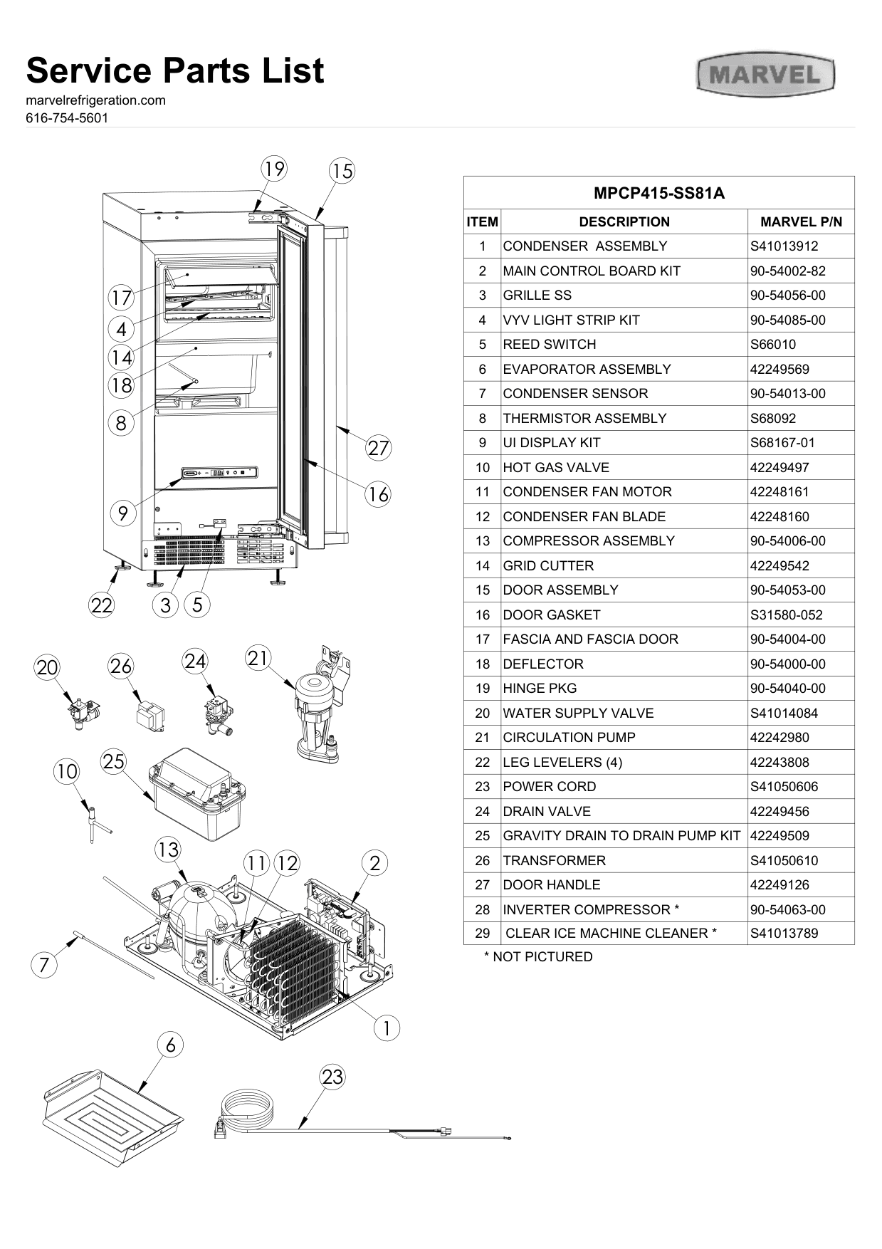 Parts diagram for the Marvel Refrigeration MPCP415SS81A, from the spec sheet