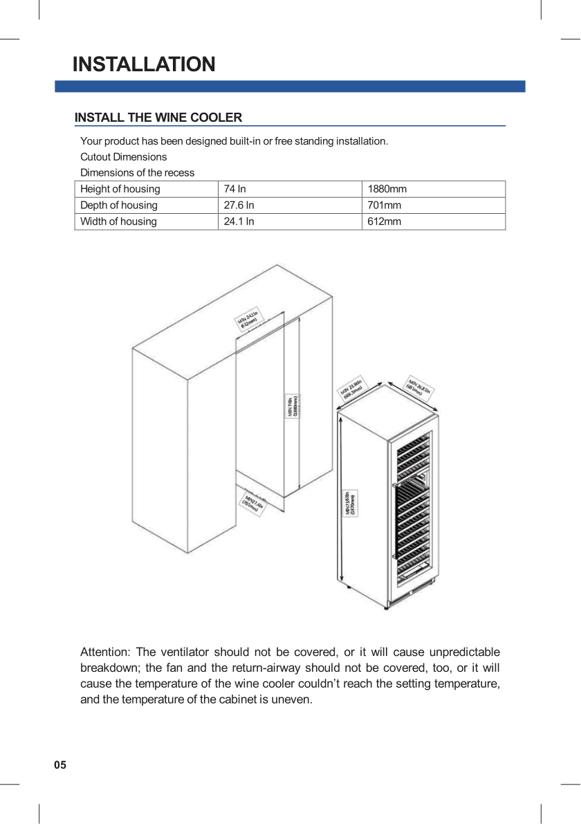 Installation diagram for the THOR Kitchen TWC2403DI, from the owner's manual