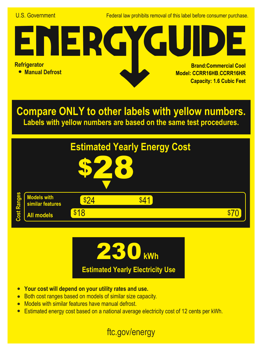 EnergyGuide label for the Commercial Cool CCRR16HB, from the owner's manual