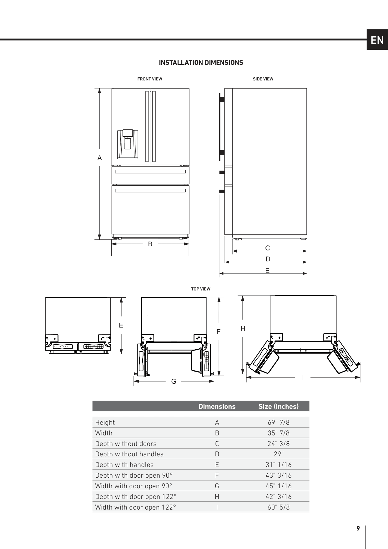 Dimension drawing for the Bertazzoni REF36FDFZXNT, from the owner's manual