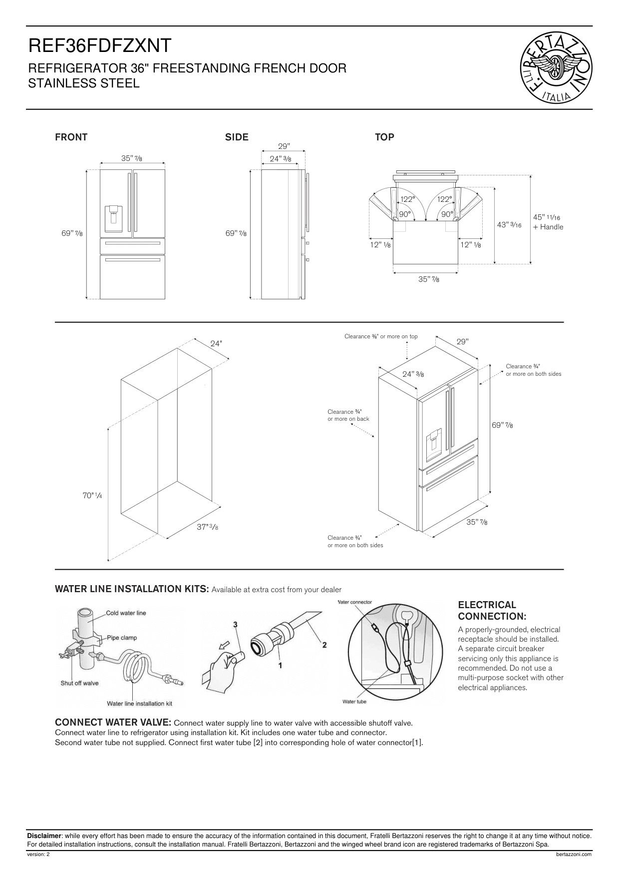 Installation diagram for the Bertazzoni REF36FDFZXNT, from the spec sheet