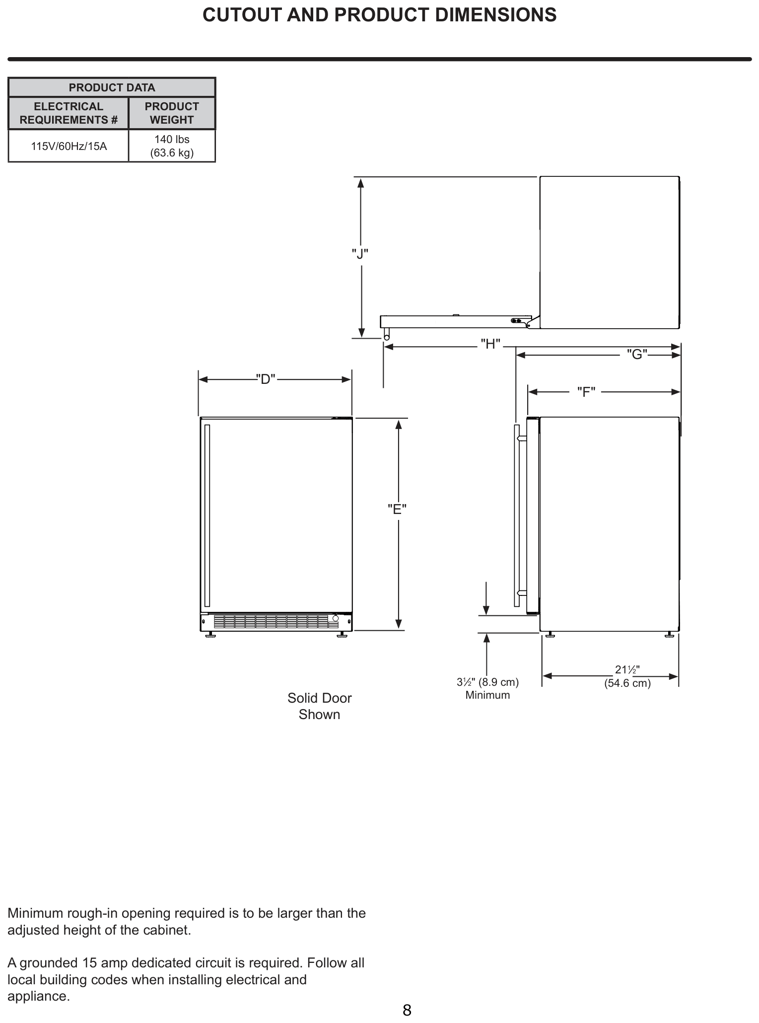 Dimension drawing for the Marvel Refrigeration MLRF224IS01A, from the owner's manual