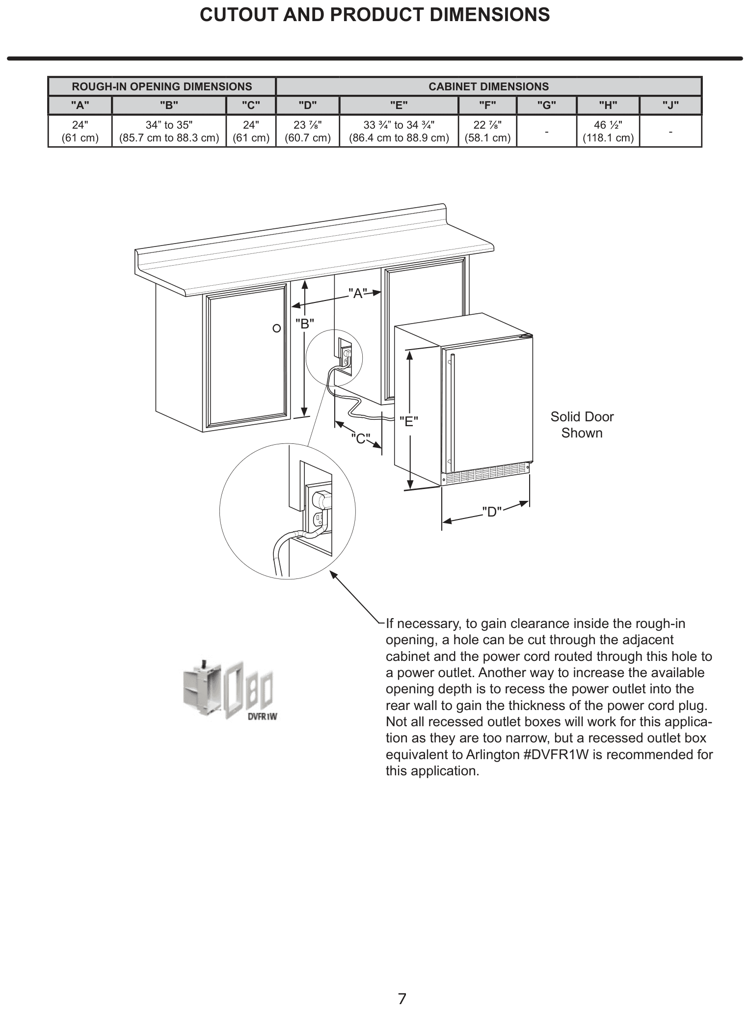 Installation diagram for the Marvel Refrigeration MLRF224IS01A, from the owner's manual