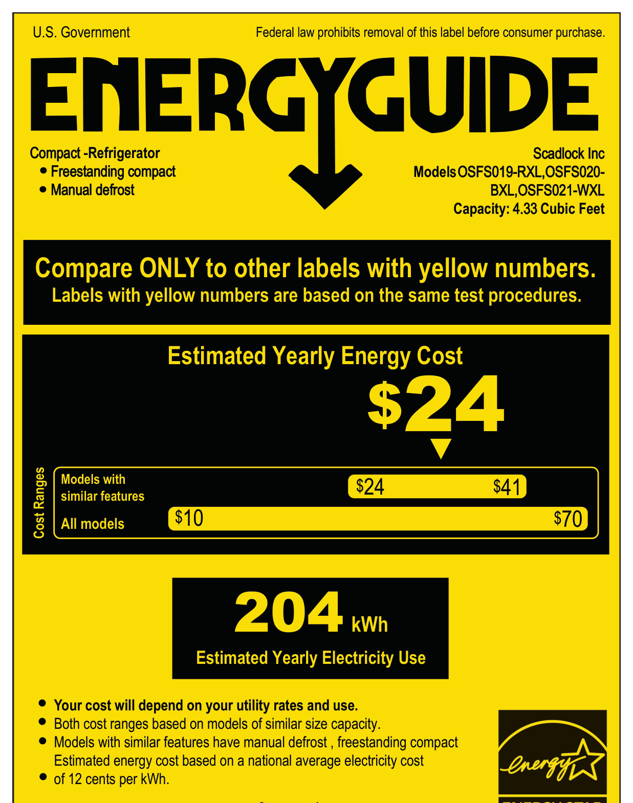 EnergyGuide label for the SnowLion OSFS019-RXL, from the owner's manual