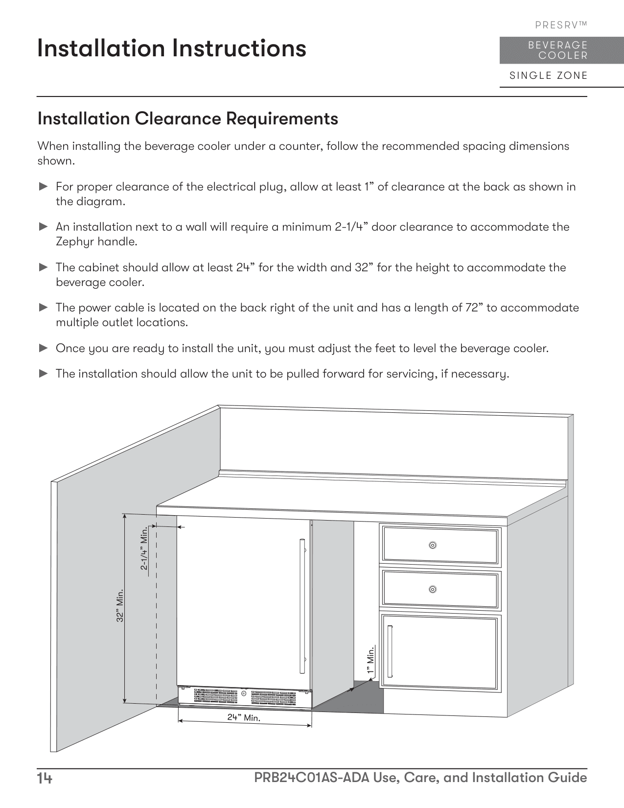 Installation diagram for the Zephyr PRB24C01AS-ADA, from the owner's manual