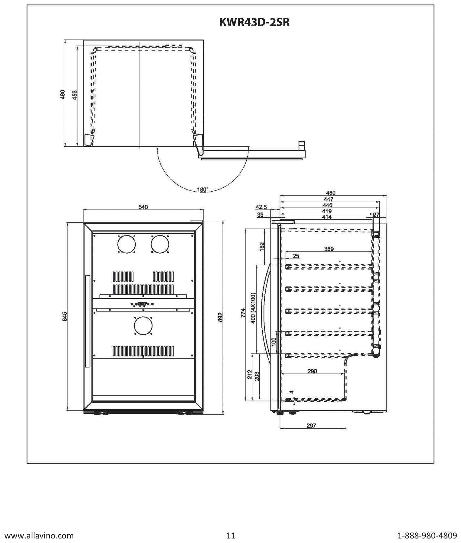 Dimension drawing for the Allavino KWR43D-2SR, from the owner's manual