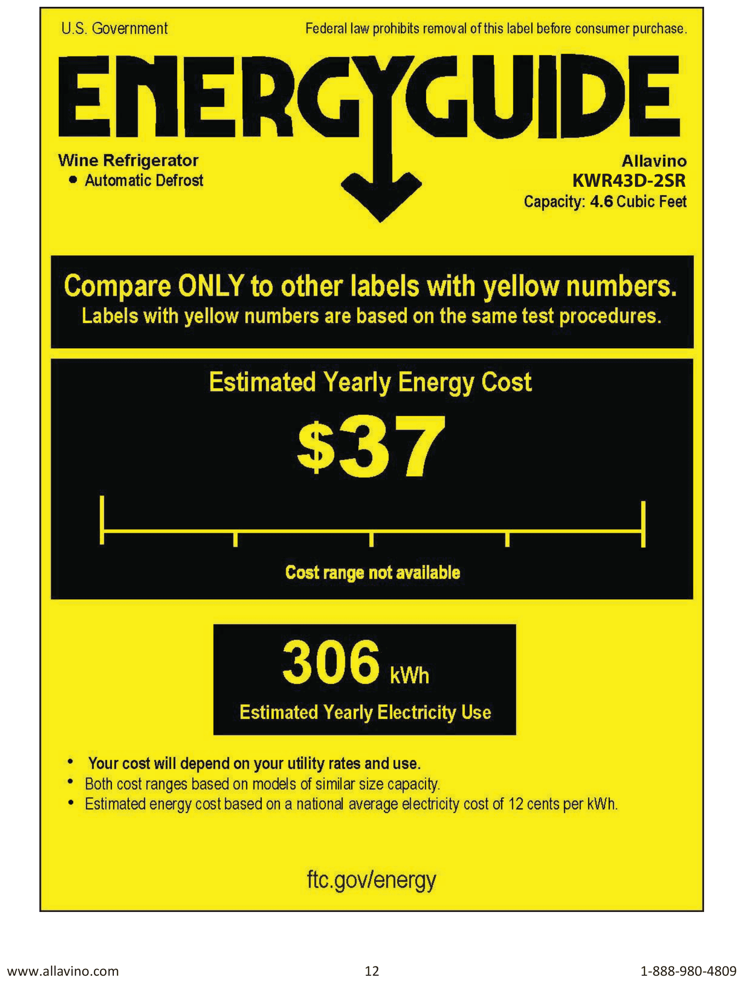 EnergyGuide label for the Allavino KWR43D-2SR, from the EnergyGuide label