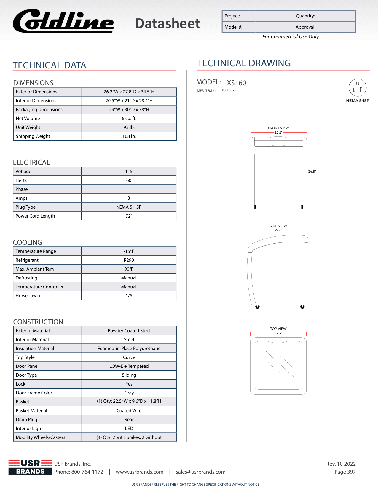 Dimension drawing for the Cooler Depot XS160, from the spec sheet
