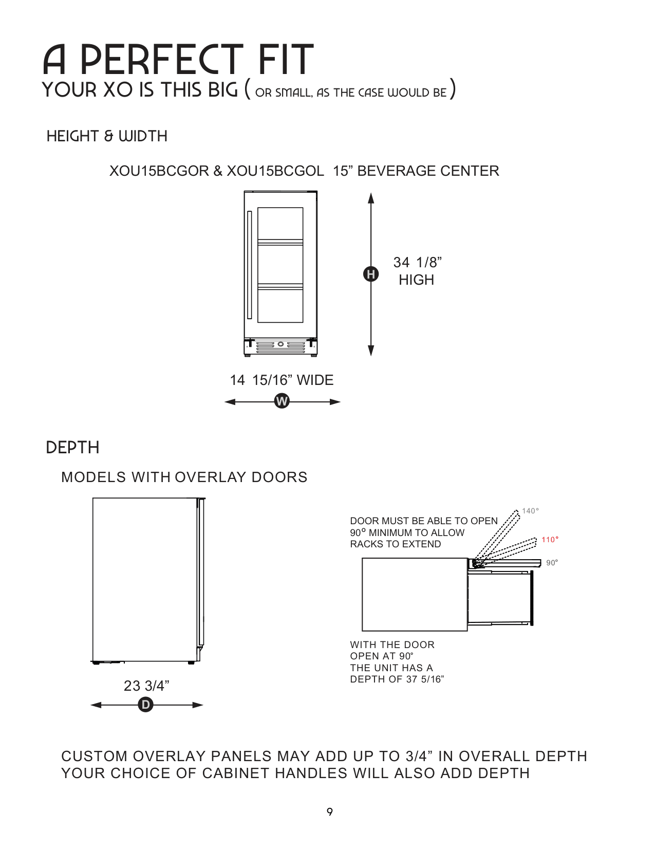 Dimension drawing for the XO Appliance XOU15BCGOL, from the owner's manual