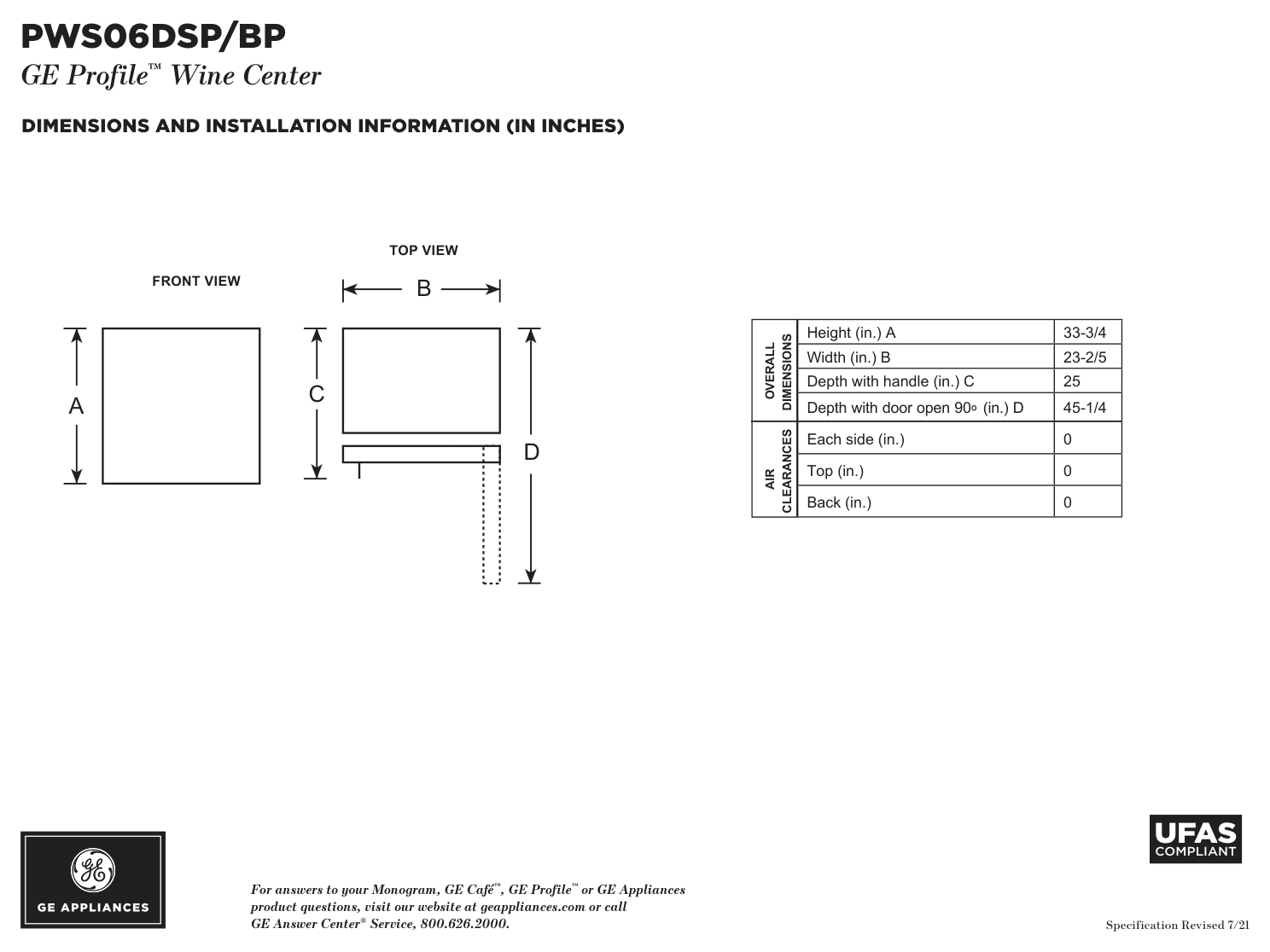 Dimension drawing for the GE Profile PWS06DSPSS, from the spec sheet