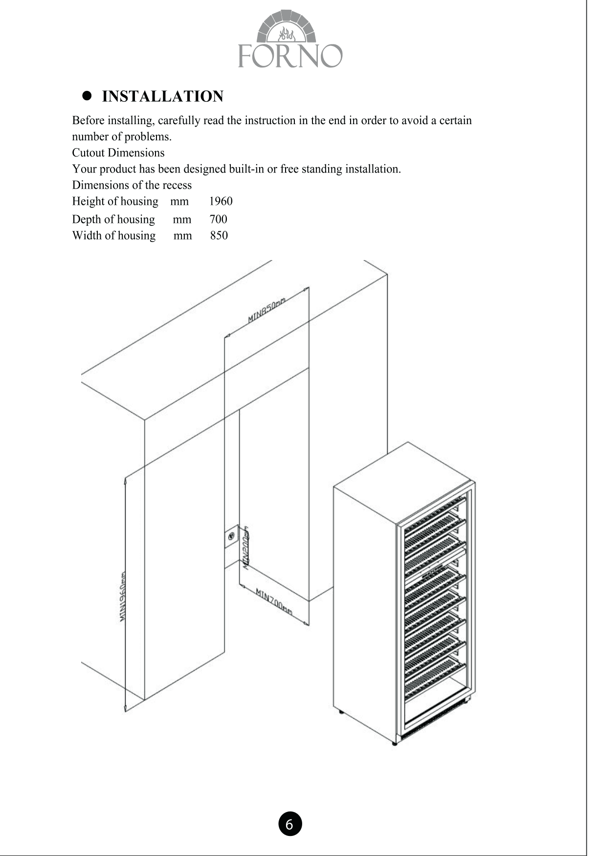Installation diagram for the Forno FWCDR6661-30S, from the owner's manual