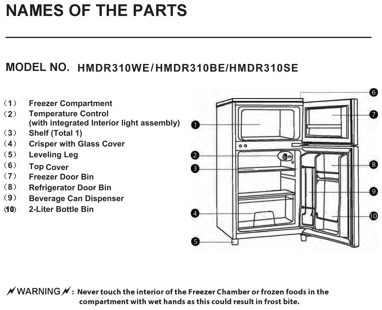 Parts diagram for the Magic Chef HMDR310WE, from the owner's manual