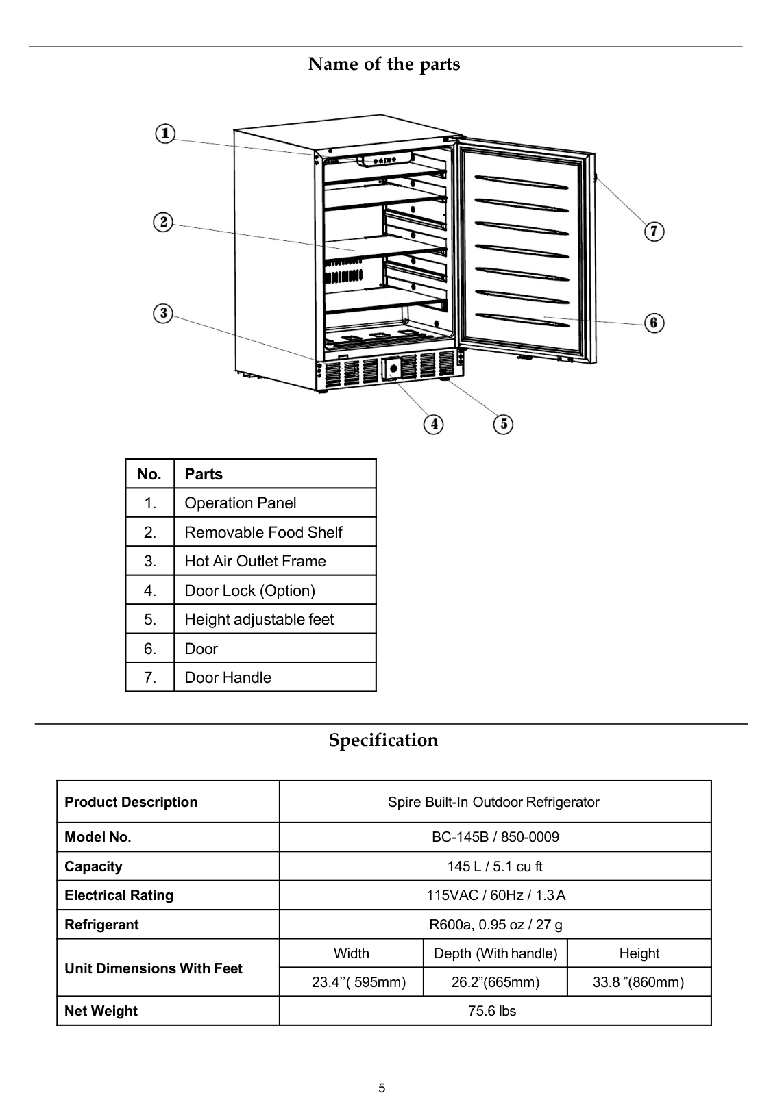 Parts diagram for the Spire 850-0009, from the owner's manual