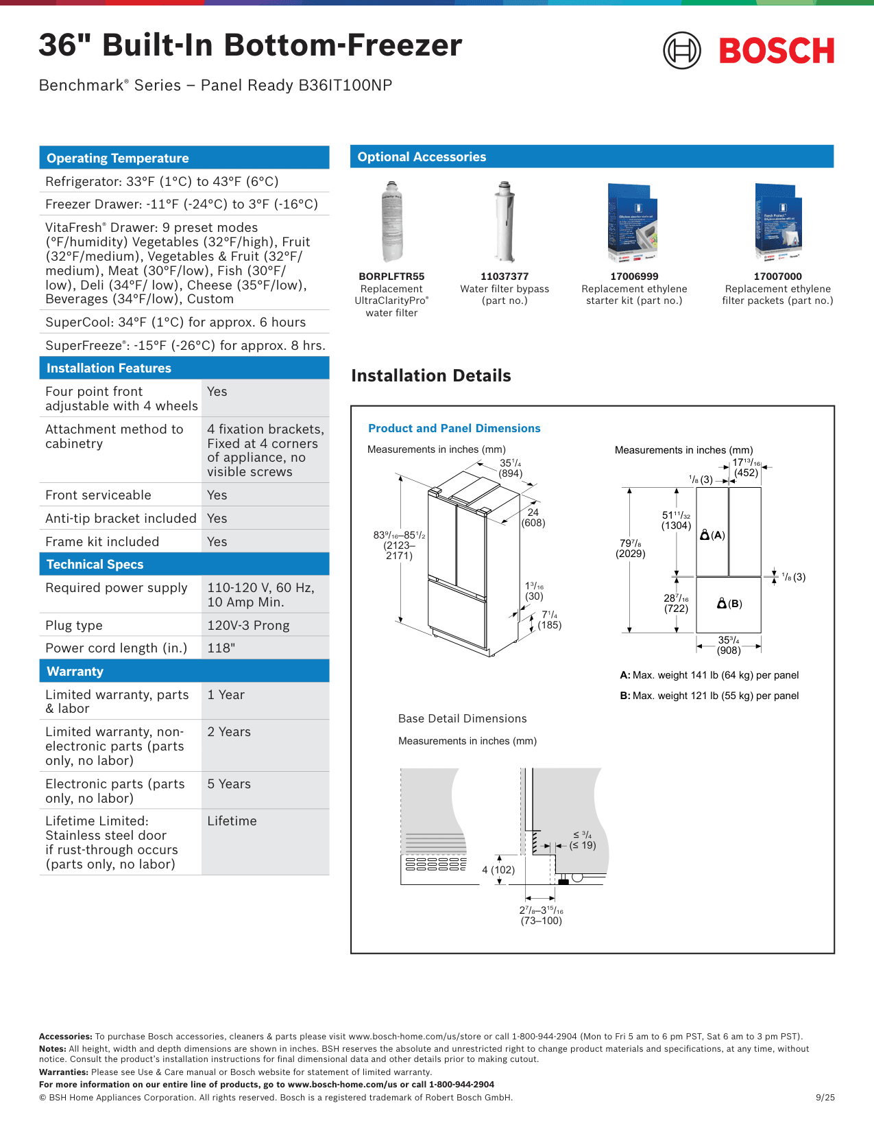 Dimension drawing for the Bosch B36IT100NP, from the spec sheet