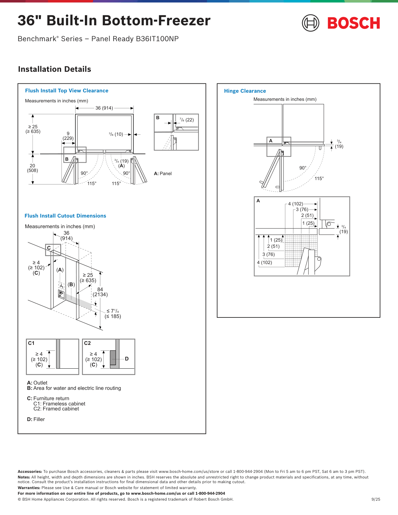 Installation diagram for the Bosch B36IT100NP, from the spec sheet