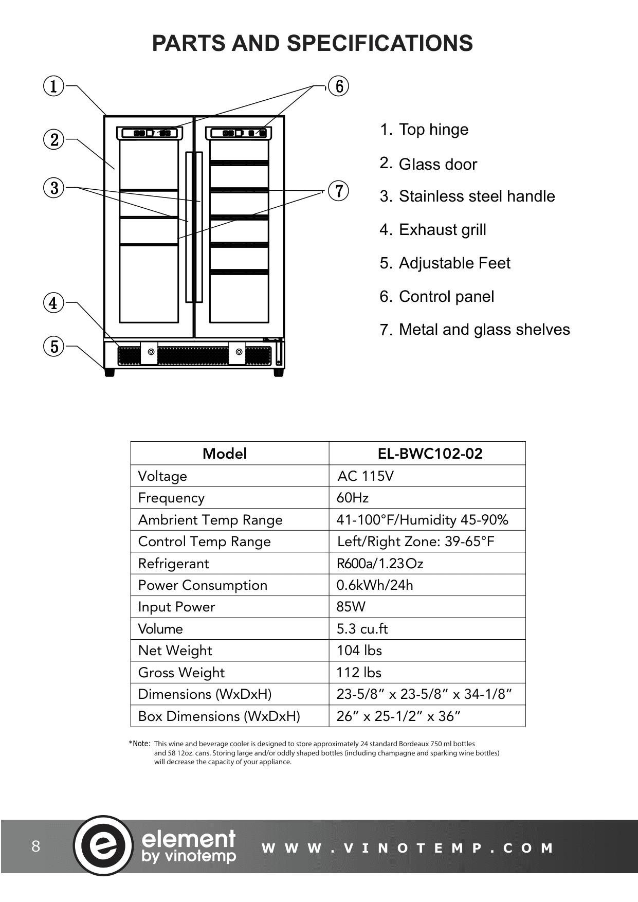 Parts diagram for the Vinotemp EL-BWC102-02, from the manufacturer document