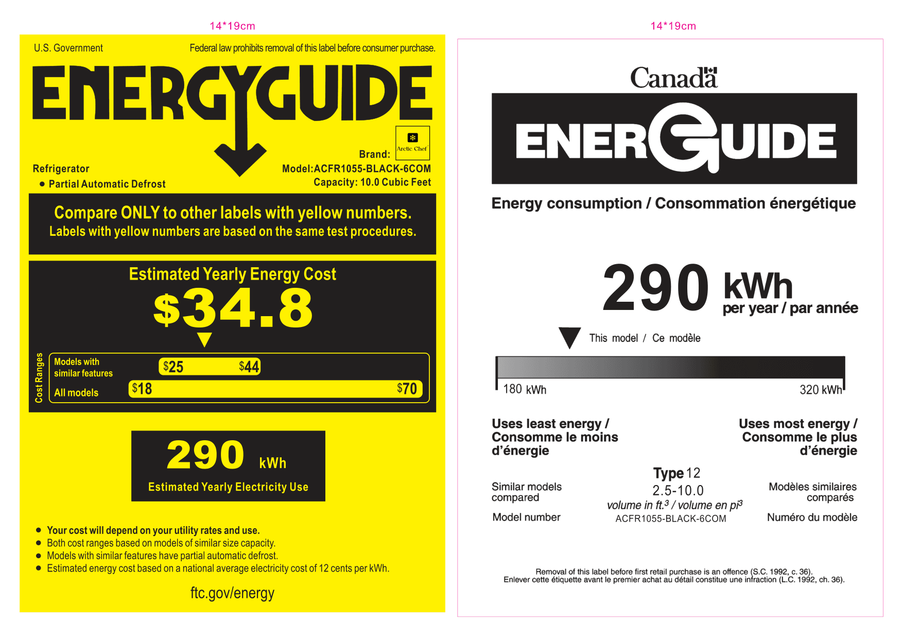 EnergyGuide label for the Arctic Chef ACFR1055-BLACK-6COM, from the manufacturer document
