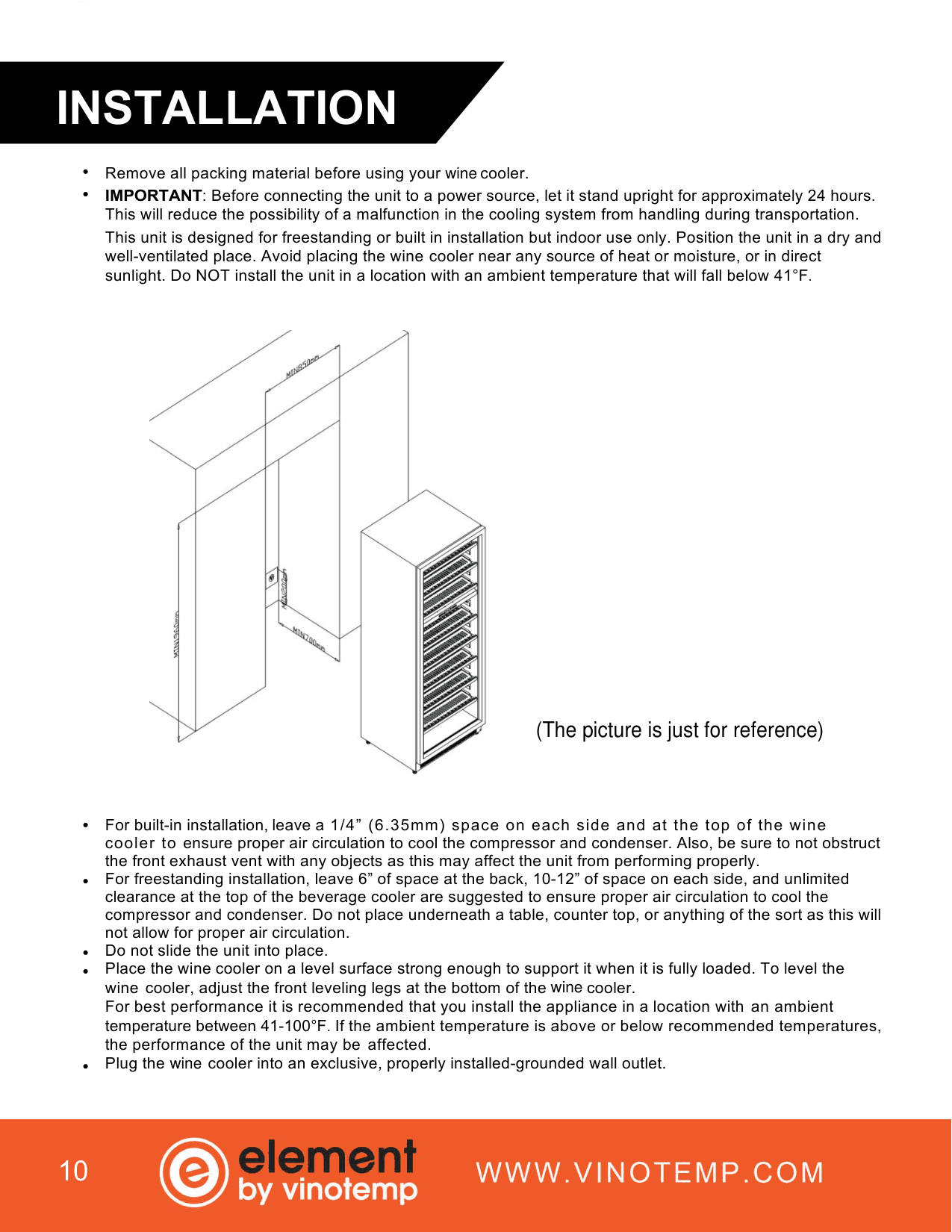 Installation diagram for the Vinotemp EL-BWC30TB-S, from the manufacturer document