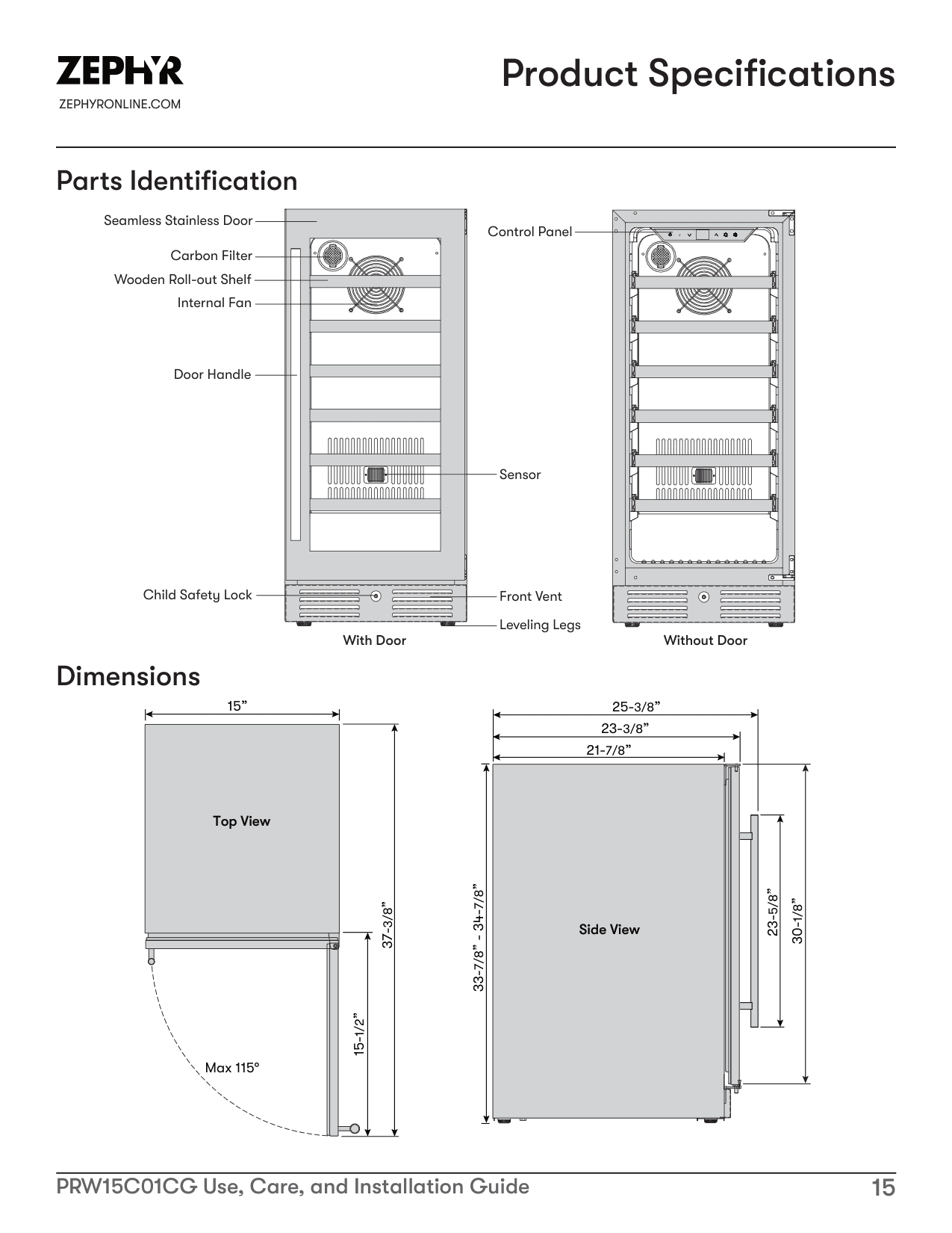 Dimension drawing for the Zephyr PRW15C01CG, from the manufacturer document