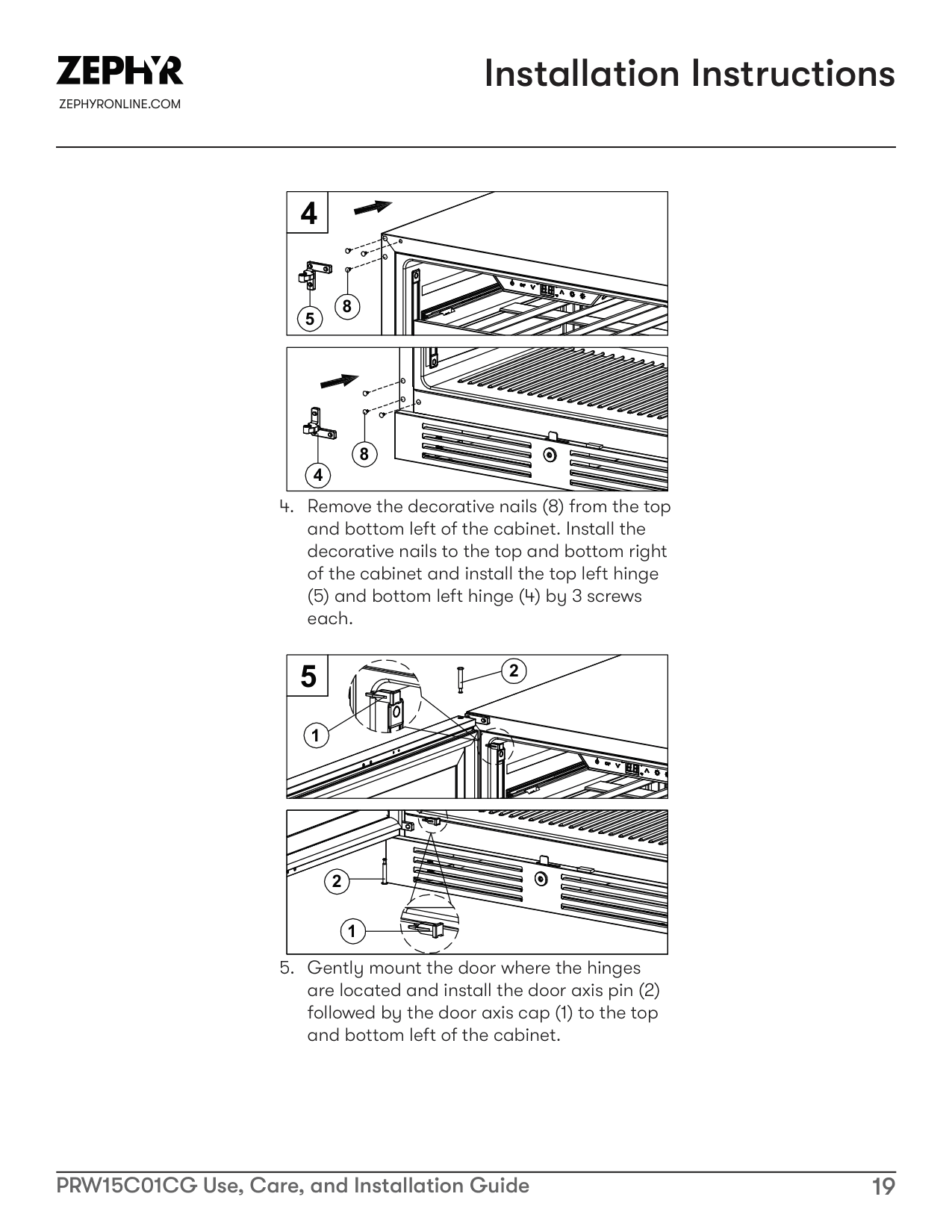 Installation diagram for the Zephyr PRW15C01CG, from the manufacturer document