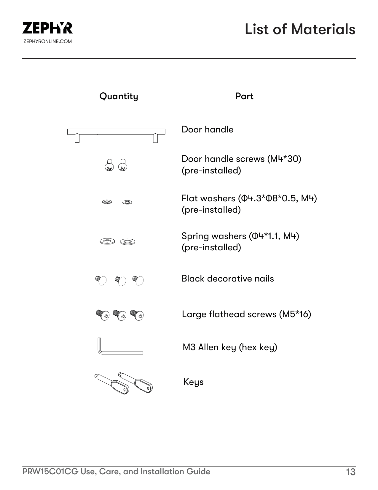 Parts diagram for the Zephyr PRW15C01CG, from the manufacturer document