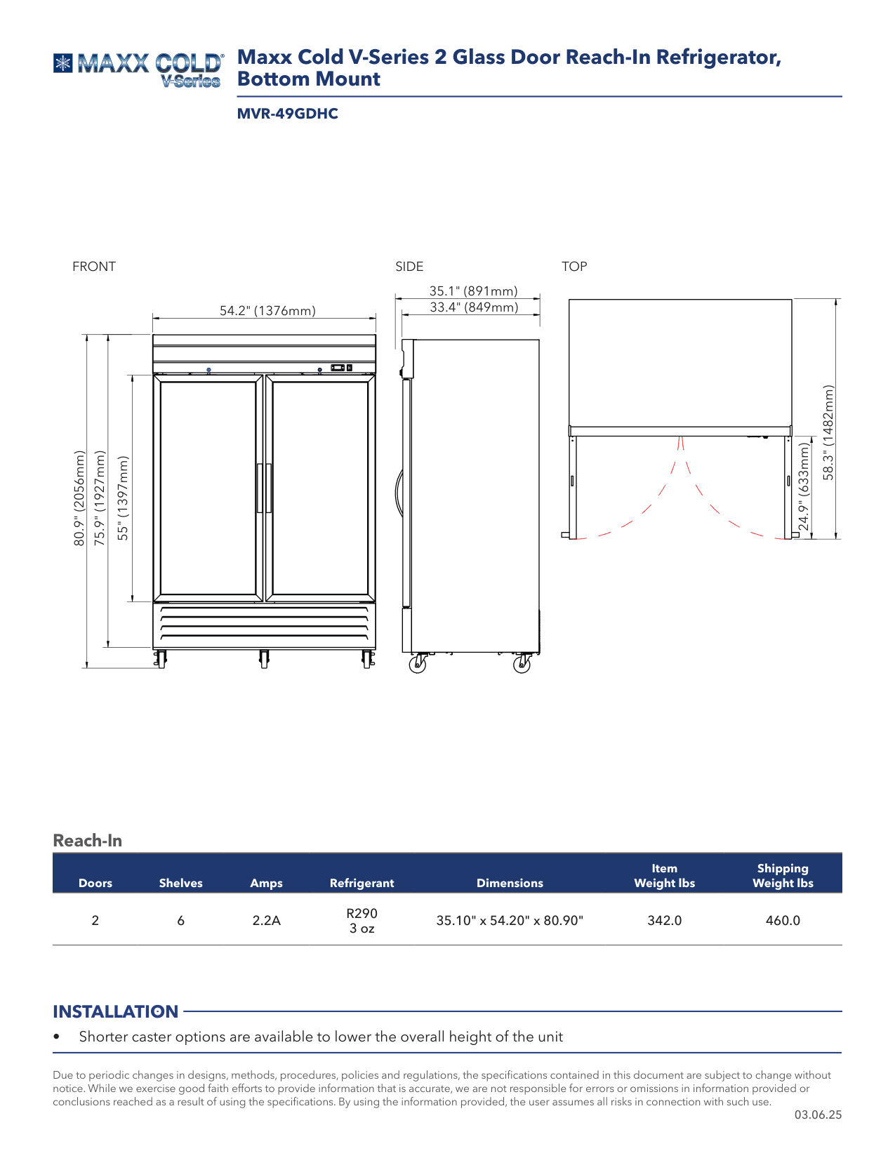 Dimension drawing for the MAXX Cold MVR-49GDHC, from the manufacturer document