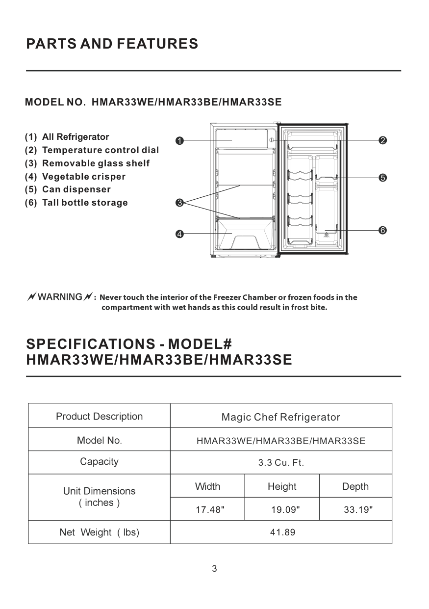 Parts diagram for the Magic Chef HMAR33BE, from the manufacturer document