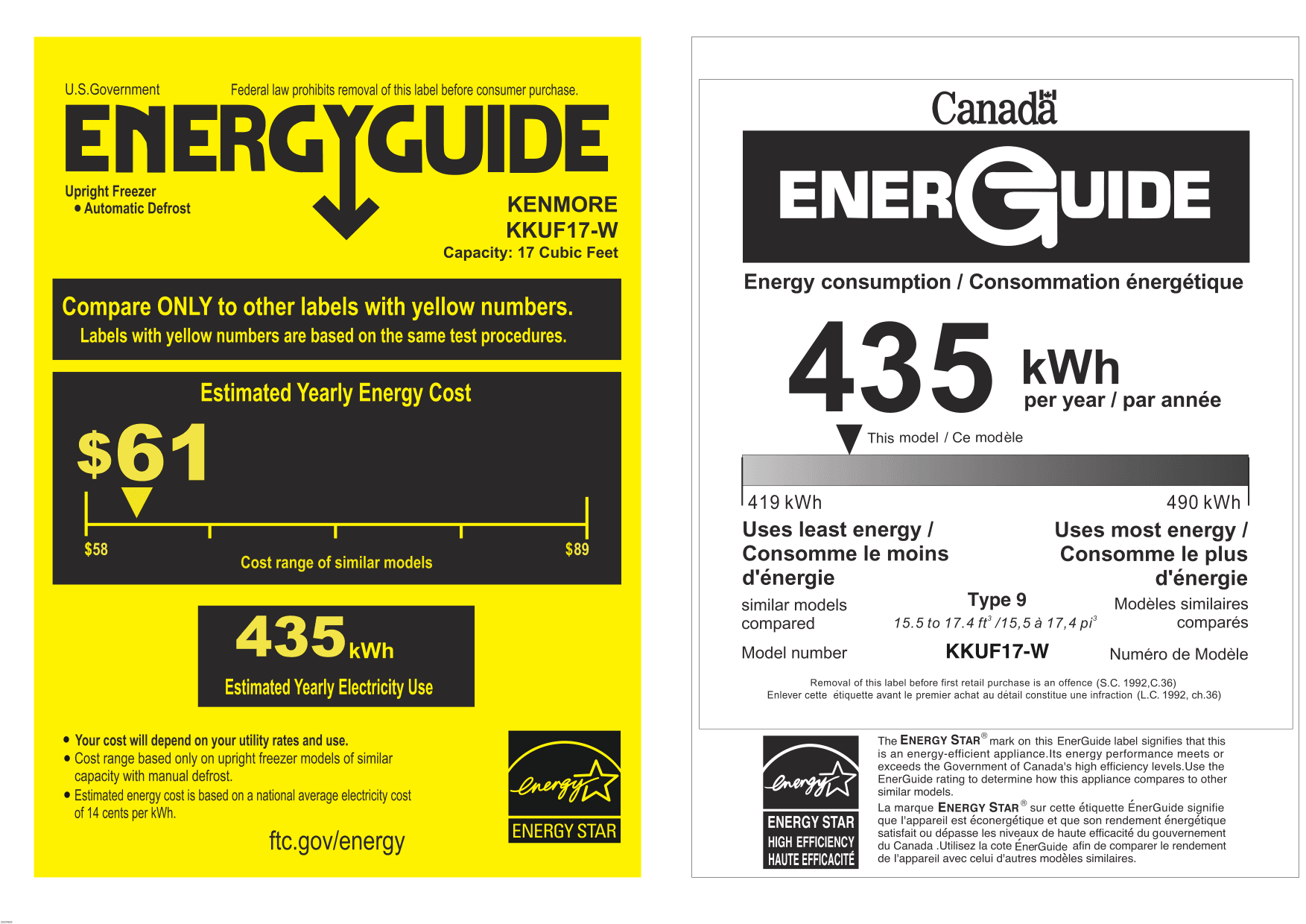 EnergyGuide label for the Kenmore KKUF17-W, from the manufacturer document