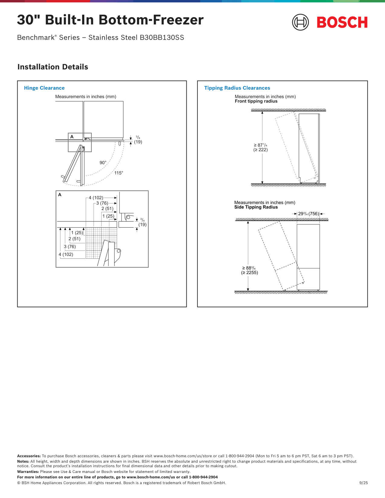 Installation diagram for the Bosch B30BB130SS, from the manufacturer document