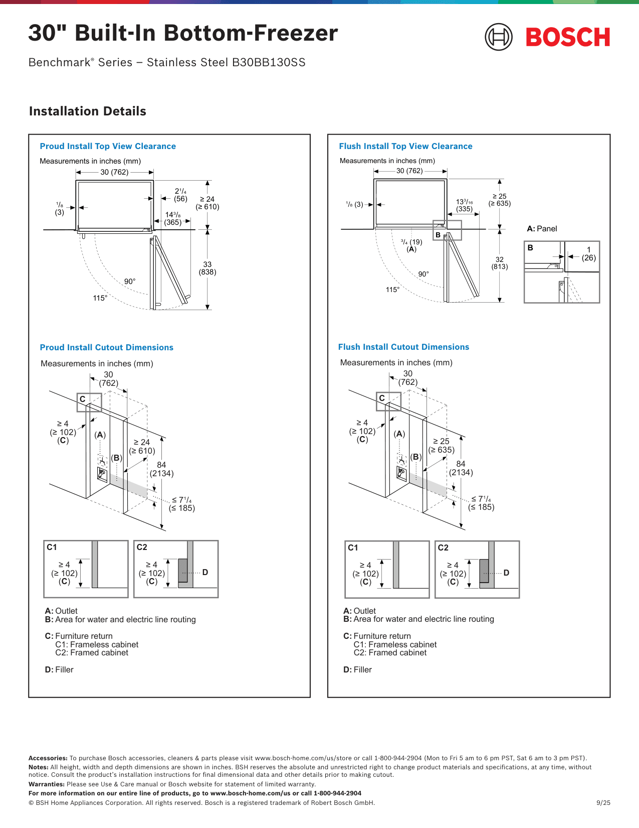Installation diagram for the Bosch B30BB130SS, from the manufacturer document