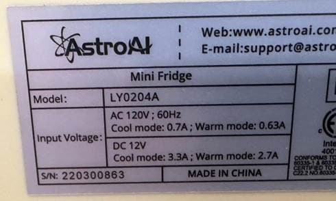 Recalled AstroAI 4-Liter/6-Can Minifridge label
