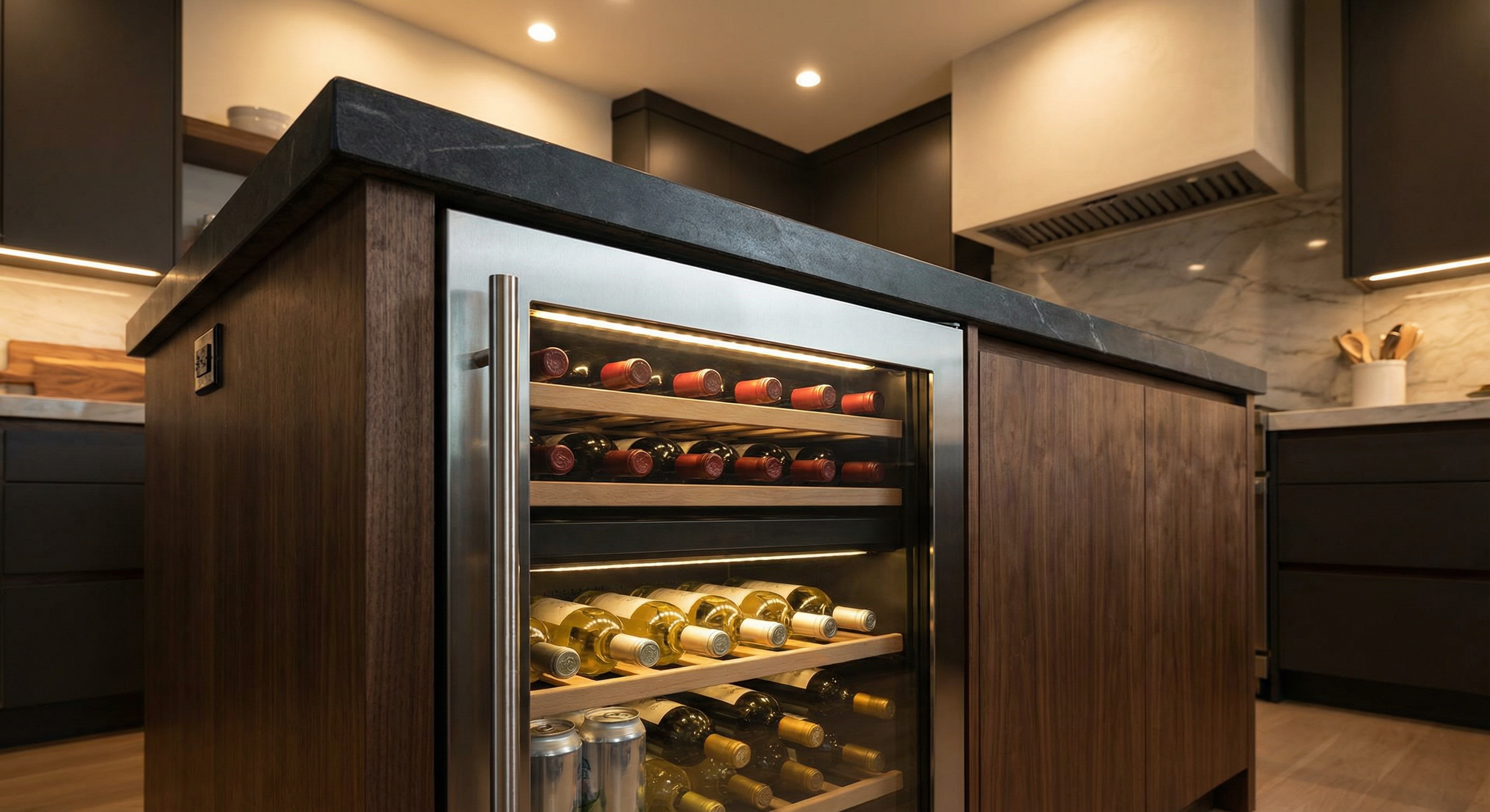Dual-zone wine fridge built into kitchen island with red and white wine bottles | Fridge.com