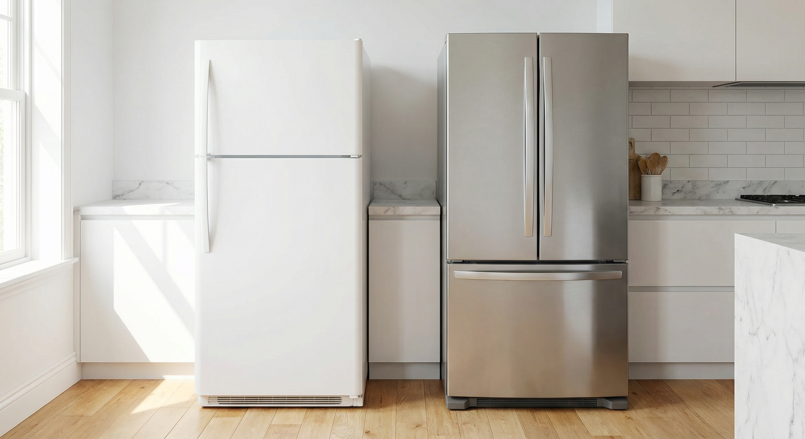 Top freezer vs bottom freezer refrigerator comparison in a modern kitchen | Fridge.com