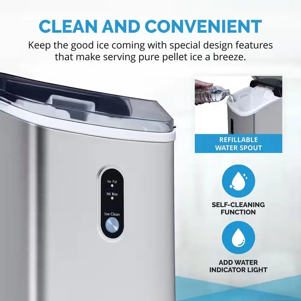 11 In. 26 Lb. Nugget Countertop Portable Ice Maker in Stainless Steel with Soft Chewable Pebble Pellet Ice & Self Clean | Fridge.com