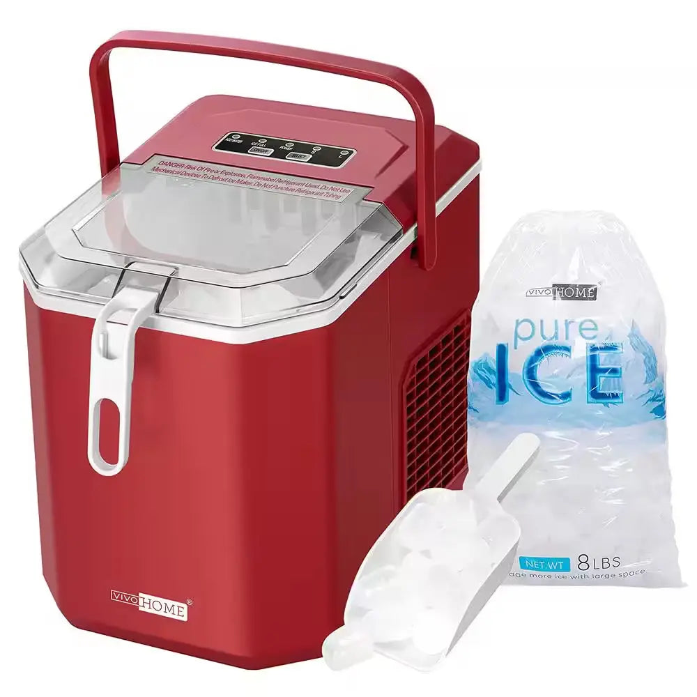 11.6 In. 26Lb. Electric Portable Ice Maker with Handle, Hand Scoop and 10 Ice Bags in Red | Fridge.com