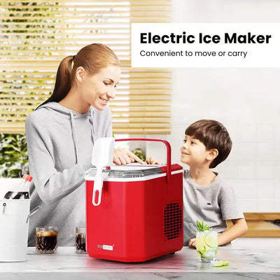 11.6 In. 26Lb. Electric Portable Ice Maker with Handle, Hand Scoop and 10 Ice Bags in Red | Fridge.com