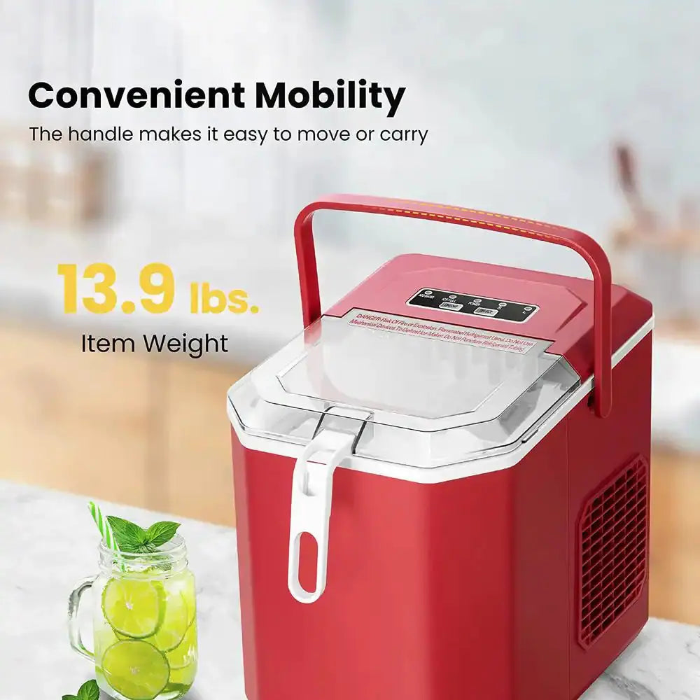 11.6 In. 26Lb. Electric Portable Ice Maker with Handle, Hand Scoop and 10 Ice Bags in Red | Fridge.com