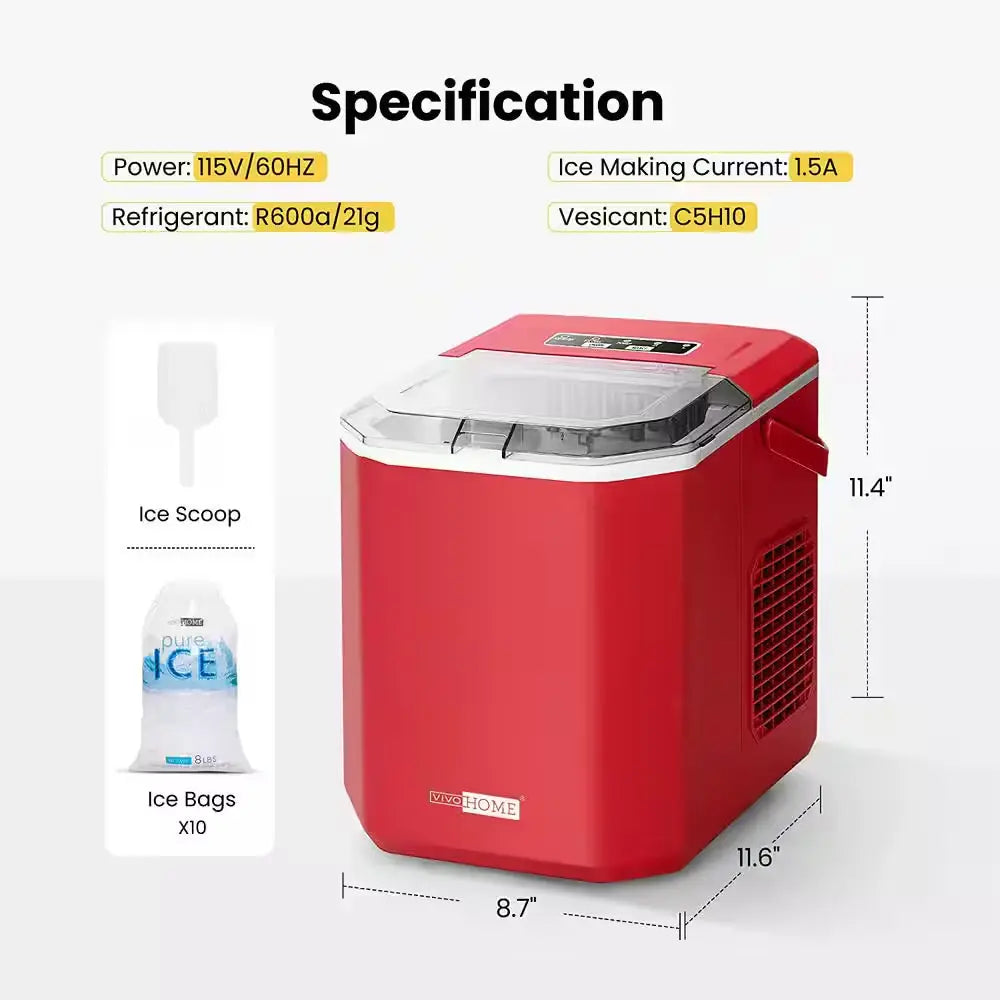 11.6 In. 26Lb. Electric Portable Ice Maker with Handle, Hand Scoop and 10 Ice Bags in Red | Fridge.com