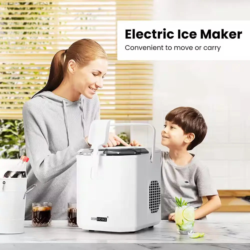 11.6 In. 26Lb. Electric Portable Ice Maker with Handle, Hand Scoop and 10 Ice Bags in White | Fridge.com