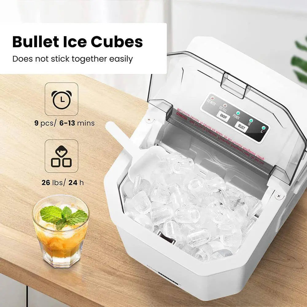 11.6 In. 26Lb. Electric Portable Ice Maker with Handle, Hand Scoop and 10 Ice Bags in White | Fridge.com