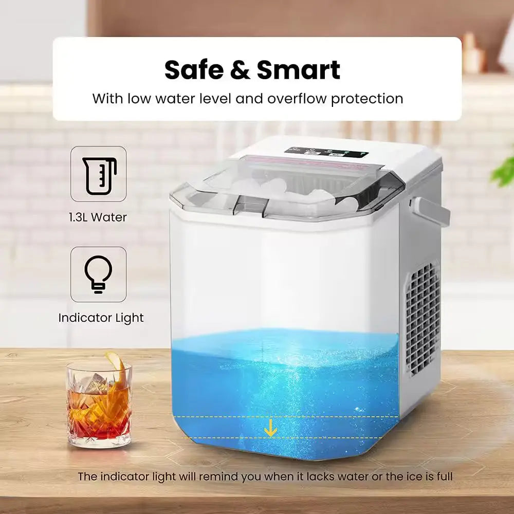 11.6 In. 26Lb. Electric Portable Ice Maker with Handle, Hand Scoop and 10 Ice Bags in White | Fridge.com