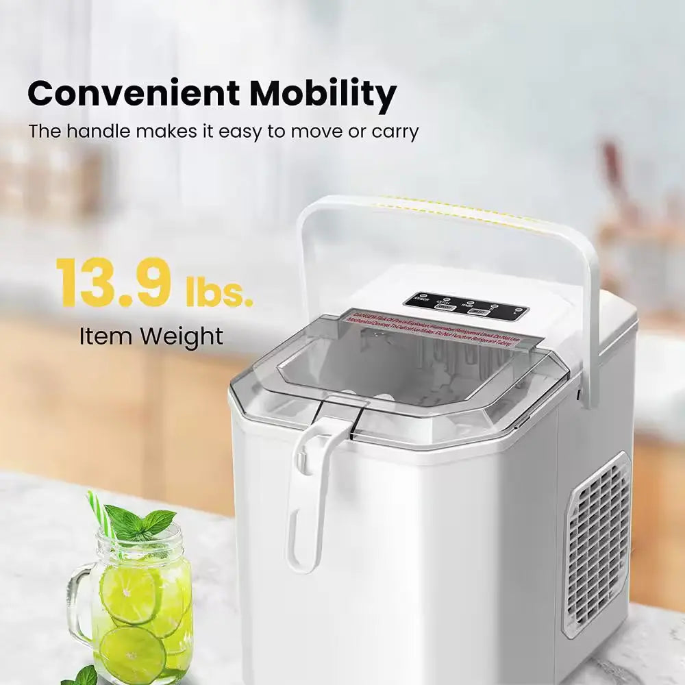 11.6 In. 26Lb. Electric Portable Ice Maker with Handle, Hand Scoop and 10 Ice Bags in White | Fridge.com