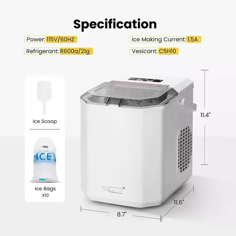 11.6 In. 26Lb. Electric Portable Ice Maker with Handle, Hand Scoop and 10 Ice Bags in White | Fridge.com