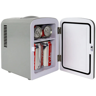 Diet Coke 4L Mini Fridge W/ 12V DC and 110V AC Cords, 6 Can Portable Cooler, Personal Travel Refrigerator, Gray | Fridge.com